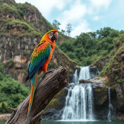 The primary subject of the image is a colorful parrot perched on a tree branch. The setting is a lush green forest with a waterfall in the background. The visual style is a natural, outdoor scene with the parrot as the focal point. The colors and mood are vibrant and serene, with the parrot's vivid colors contrasting beautifully against the greenery of the forest and the waterfall.